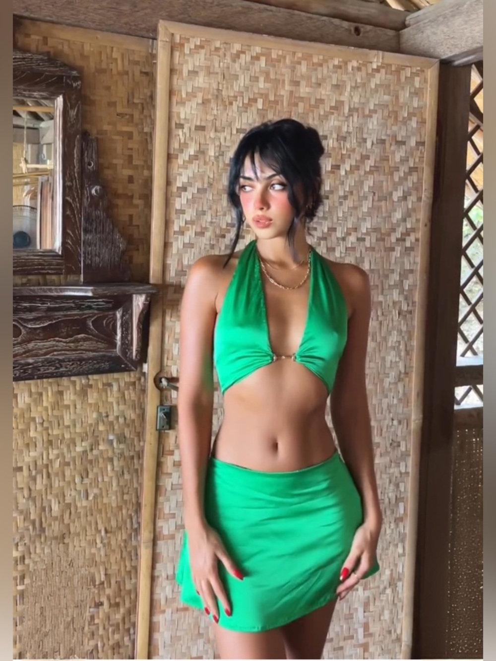 Indah Emerald Satin Jalen top and Valerie skirt in Parakeet